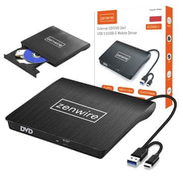 ZENWIRE Vanjski prijenosni DVD CD pogon 2u1 USB 3.0 USB-C snimač i reproduktor CD/DVD ploča za prijenosno računalo, računala, Zenwire ECD829-Y
