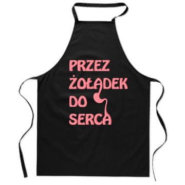 Crna pregača sa smiješnim uzorkom - put do srca je kroz želudac - poklon