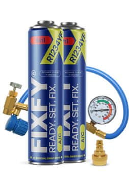 Komplet za punjenje klima uređaja FIXFY 5w1 2x velika limenka 500 ml + crijevo s manometrom + adapter R1234yf
