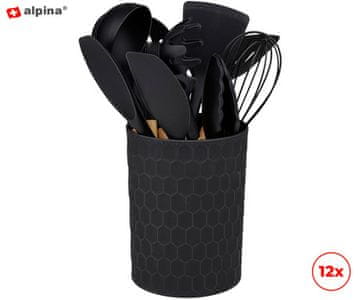 Alpina set kuhinjskog pribora, silikon, bambus, 12 dijelova, crni + stalak