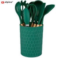 Alpina set kuhinjskog pribora, silikon, bambus, 12 dijelova, zeleni + stalak