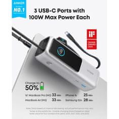 Anker Powerbank 25000 mAh s ugrađenim USB-C kablom, 165W, srebrni