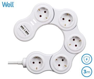Well EXTSR-5S3M-USB produžni kabel za napajanje, podesivi, bijeli
