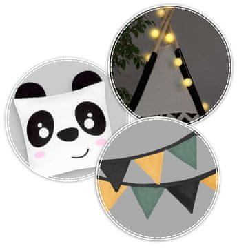 Nukido Šator teepee za djecu s girlandom i crno-bijelim panda svjetlima