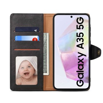 LENUO Usnjen ovitek za Samsung Galaxy A35, klapovni, crna