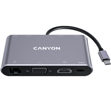Canyon DS-14, višenamjenska USB-C priključna stanica s 8 priključaka, uključujući 1HDMI (4K30Hz), 1VGA, 1Type-C PD za punjenje (maksimalno 100W PD ulaz), 3USB3.0 (brzina prijenosa do 5Gbps), 1Gigab