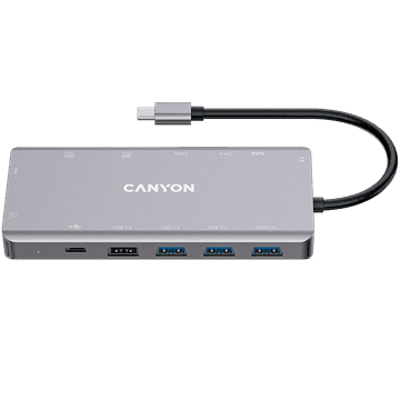 Canyon DS-12, 13-u-1 USB-C razdjelnik, s 2HDMI, 3USB 3.0: podrška do najviše 5 Gbps, 1USB 2.0: podrška do najviše 480 Mbps, 1PD: podrška do najviše 100 W PD, 1VGA, 1Type C podaci, 1Gigabit Ethernet