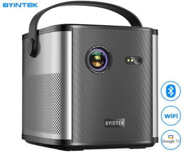 Byintek Prijenosni 3D LED DLP projektor UFO U80 MAX, Google TV, dvostruki WIFI, Bluetooth, punjiva baterija, daljinski upravljač, crni