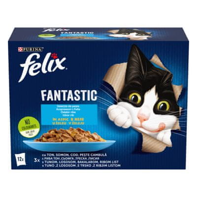 Felix Fantastic mokra hrana za mačke, tuna, losos, ribji list in trska, v želeju