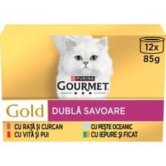 Gourmet Gold Duo hrana za mačke, s patkom i puretinom, govedinom i piletinom, s morskom ribom i špinatom, sa zecom i jetricom, 8 x (12 x 85 g)