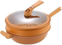Netscroll Višenamjenska wok tava s poklopcem i košarom za paru, neprianjajući premaz, aluminijska, 32 cm, za indukciju, prženje i kuhanje na pari, Wok
