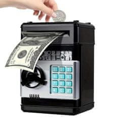 Netscroll Elektronički sef za djecu s LED svjetlom, sef igračka s numeričkom lozinkom, automatskim uvlačenjem novčanica i zvučnim efektima, crni, mini veličina, MiniSafe