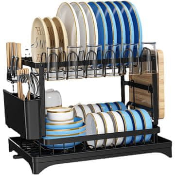Netscroll Dvonivojski odcejevalnik za posuđe, od nehrđajućeg čelika, sušilo za posuđe s 360° odvodom, za tanjure, čaše i pribor, crni, Dishy