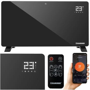 Kaminer 2500W WIFI pametni stakleni električni konvektorski grijač LCD + aplikacija i daljinski upravljač crne boje