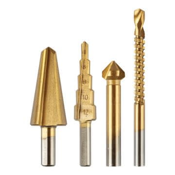 Stupčasta svrdla 4-12 mm, razvrtač 12,4 mm, glodalo 6x90 mm, upuštač 8-20 mm, TiN