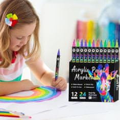 Netscroll Akrilni markeri s dvostrukom vrškom, 24 žive boje (12 markera), za kamen, platno, drvo, staklo, tekstil i stvaralaštvo, izvrsno prekrivanje, vodootporni, DuoMarkers