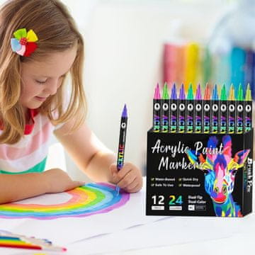 Netscroll Akrilni markeri s dvostrukom vrškom, 24 žive boje (12 markera), za kamen, platno, drvo, staklo, tekstil i stvaralaštvo, izvrsno prekrivanje, vodootporni, DuoMarkers