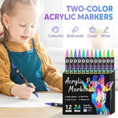 Netscroll Akrilni markeri s dvostrukom vrškom, 24 žive boje (12 markera), za kamen, platno, drvo, staklo, tekstil i stvaralaštvo, izvrsno prekrivanje, vodootporni, DuoMarkers