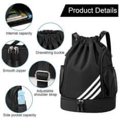 Netscroll Sportski ruksak s odvojenim pretincem za obuću, vodootporan i prostran za nogomet, košarku, fitness ili plivanje, crne boje, GymPack