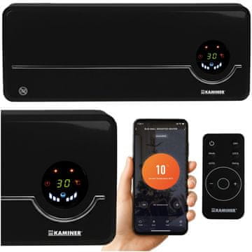 Kaminer 2000W keramički zidni grijač s WiFi-jem, zračnom zavjesom, LCD aplikacijom + daljinskim upravljačem, crne boje