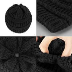 VIVVA® Pletena kapa s otvorom za rep, ženska zimska kapa za punđu i kovrčavu kosu | BEANIEHUT, crna