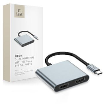 Tech-protect HB08 HUB adapter USB-C - USB 2.0 / 2x HDMI 4K, siva