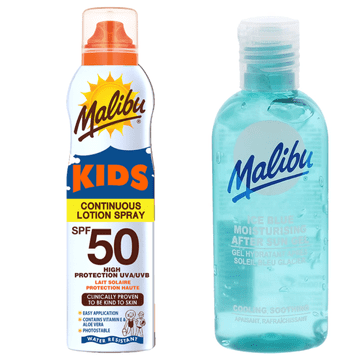 Malibu Malibu mlijeko u aerosolu za djecu spf50 175 ml i gel za poslije sunčanja 100 ml