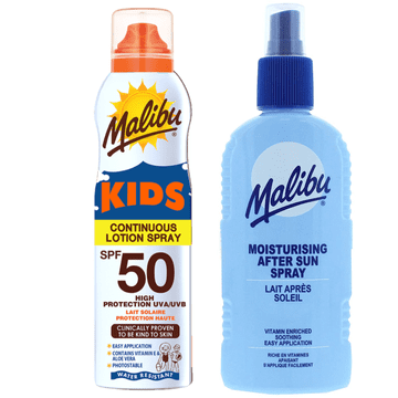 Malibu Malibu mlijeko u aerosol za djecu spf50 175ml i balzam u spreju za poslije sunčanja 200ml