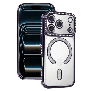 Onasi Silikonska maskica Luxury MagSafe za iPhone 17 Pro Max - prozorno ljubičasta s bleščicama