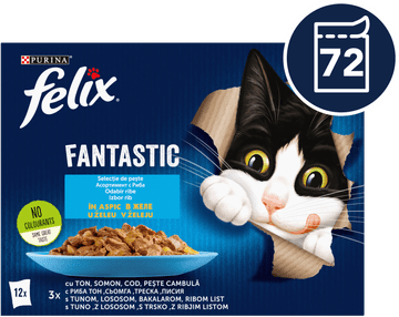 Felix Fantastic mokra hrana za mačke, tuna, losos, iverak i bakalar, u želeu, 72x85g