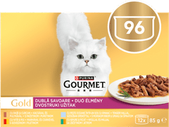 Gourmet Gold Duo hrana za mačke, s patkom i puretinom, govedinom i piletinom, s morskom ribom i špinatom, sa zecom i jetricom, 8 x (12 x 85 g)