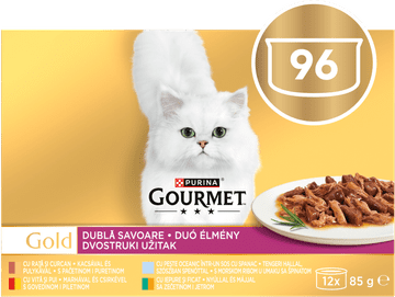 Gourmet Gold Duo hrana za mačke, s patkom i puretinom, govedinom i piletinom, s morskom ribom i špinatom, sa zecom i jetricom
