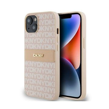 DKNY kožna maskica s jednobojnim prugama i metalnim logotipom - za iPhone 14 / 15 / 13 (roza)