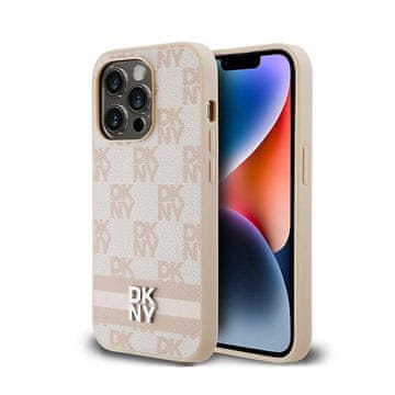 DKNY kožna maskica za iPhone 14 Pro s jednobojnim kariranim uzorkom i tiskanim prugama (ružičasta)