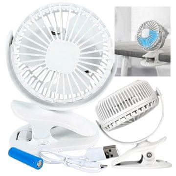 Stolni LED ventilator s kopčom bijele boje, USB podnožje, bijeli