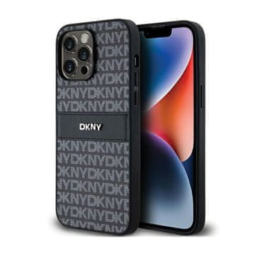 DKNY kožna mono prugasta maskica s metalnim logotipom - za iPhone 14 Pro (crna)