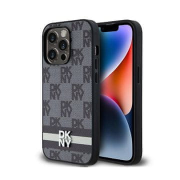 DKNY kožna maskica za iPhone 14 Pro s jednobojnim kariranim uzorkom i tiskanim prugama (crna)
