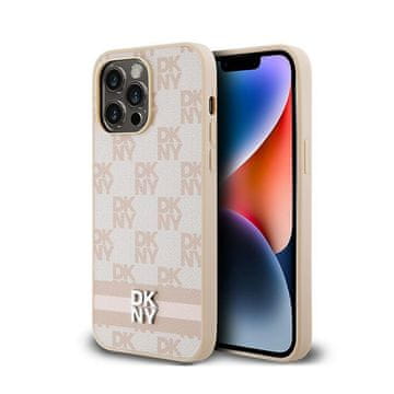 DKNY kožna maskica za iPhone 14 Pro Max s jednobojnim kariranim uzorkom i tiskanim prugama (ružičasta)