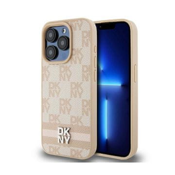 DKNY kožna maskica za iPhone 15 Pro Max s jednobojnim kariranim uzorkom i tiskanim prugama (ružičasta)