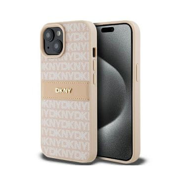 DKNY kožna mono prugasta maskica s metalnim logotipom - za iPhone 15 Plus / 14 Plus (ružičasta)