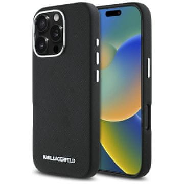 Karl Lagerfeld Saffiano potpuno omotana izdužena metalna maskica s logotipom MagSafe za iPhone 16 Pro (crna)