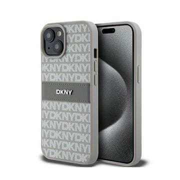 DKNY kožna mono prugasta maskica s metalnim logotipom - za iPhone 15 Plus / 14 Plus (bež)