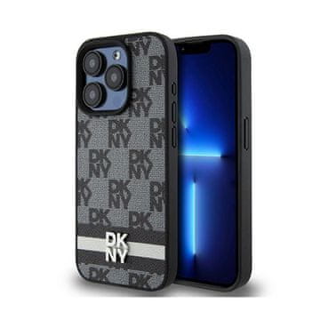 DKNY kožna maskica za iPhone 15 Pro s jednobojnim kariranim uzorkom i tiskanim prugama (crna)