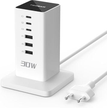 Tessan CS04-EU-WH stolna stanica za punjenje, 3× USB-C, 3× USB-A, 30 W