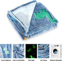 Netscroll Svjetleća dekica za djecu s motivom dinosaura, dekica koja svijetli u mraku, plave boje, mekana i topla, svijetli u mraku, 150x100 cm, idealna za poklon, LuminousBlanket