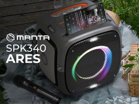 SPK340 ARES prenosni Boombox zvočnik, Bluetooth, 100W, RGB LED, IPX5, priložen mikrofon, črn