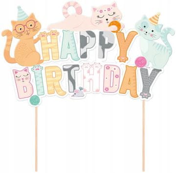 PartyPal Dekoracja na Tort Ciasto Topper KOTKI Koty HAPPY BIRTHDAY Urodziny 14cm