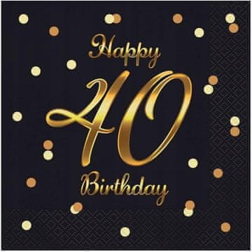 GoDan Serwetki 40 URODZINY Czarne Złote Happy Birthday Party 33x33cm 20szt.