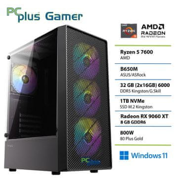PCplus Gamer Ryzen 5 7600 32GB 1TB SSD Radeon RX 9060XT 8GB Windows 11 Home gaming stolno računalo
