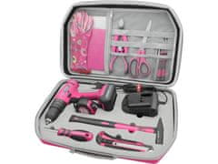 Extol Light Akumulatorska bušilica/odvijač (402403) s udarnim punjenjem, ružičasta, 12 V Li-ion, 2000 mAh, u kutiji za alat, set od 27 dijelova